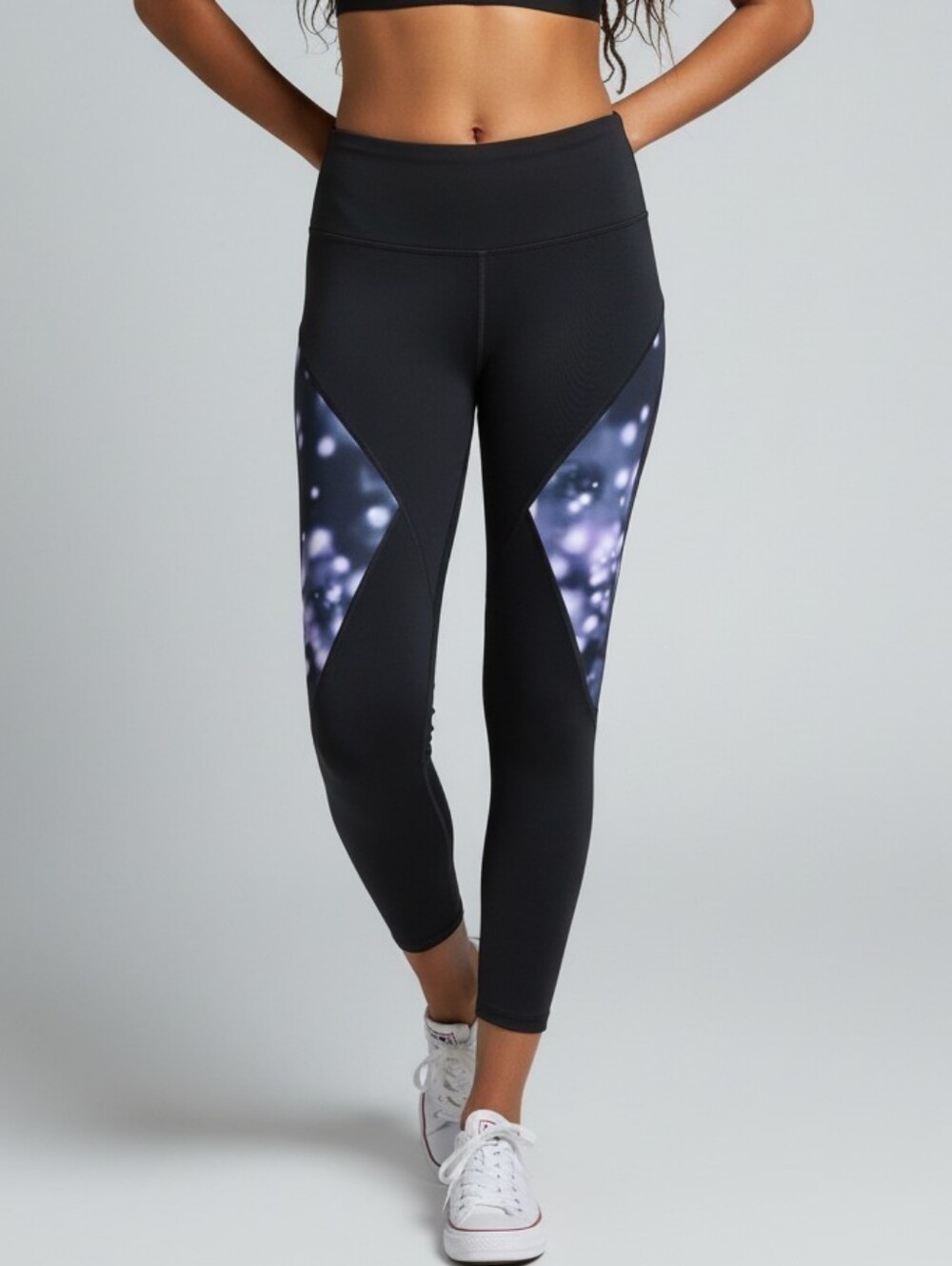 GAP Fit Black  High-Waist Leggings with Purple, Blue Speckle Panels #YLEG4